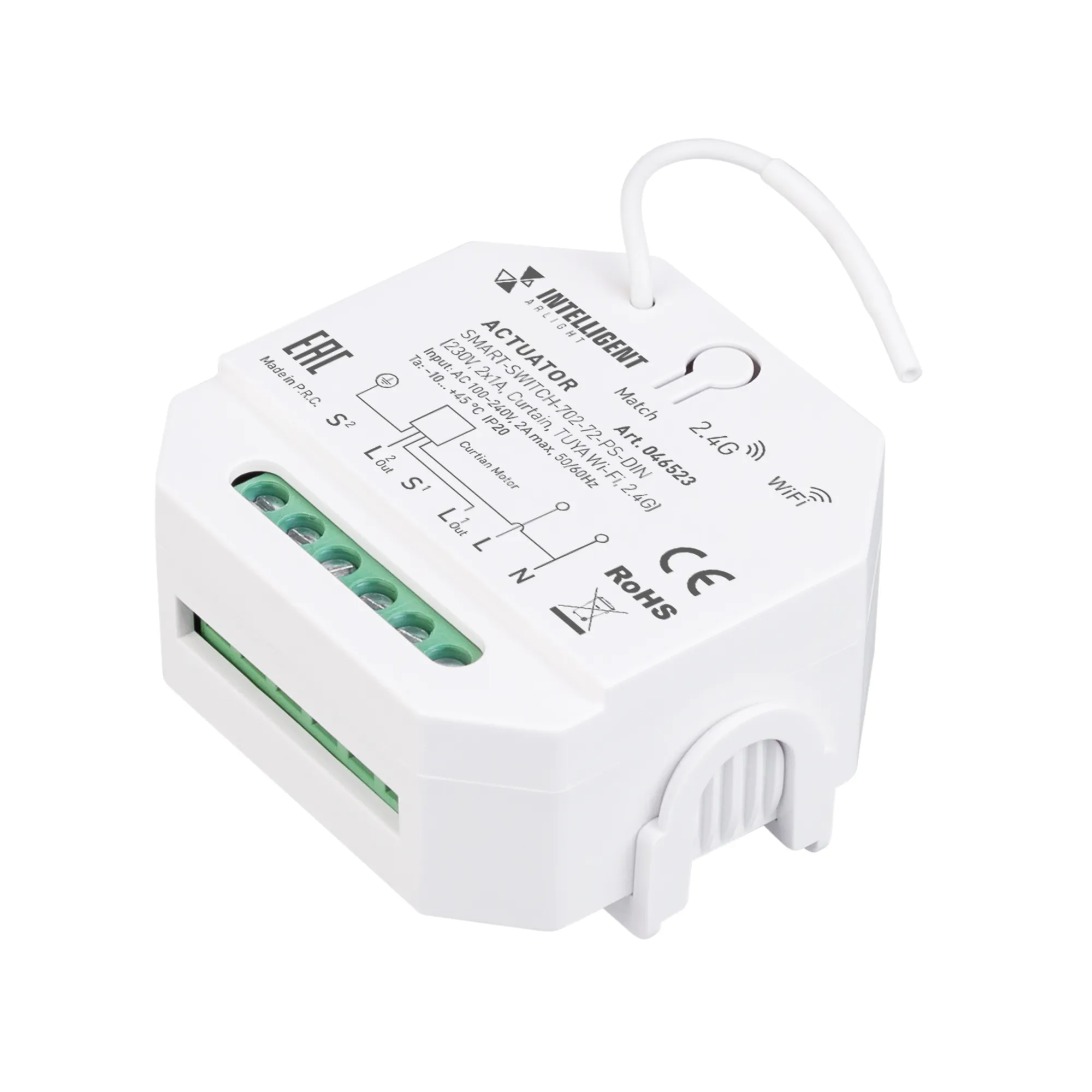 INTELLIGENT ARLIGHT Актуатор SMART-SWITCH-702-72-PS-DIN (230V, 2x1A, Curtain, TUYA Wi-Fi, 2.4G) (IARL, IP20 Пластик, 5 лет) - изображение товара