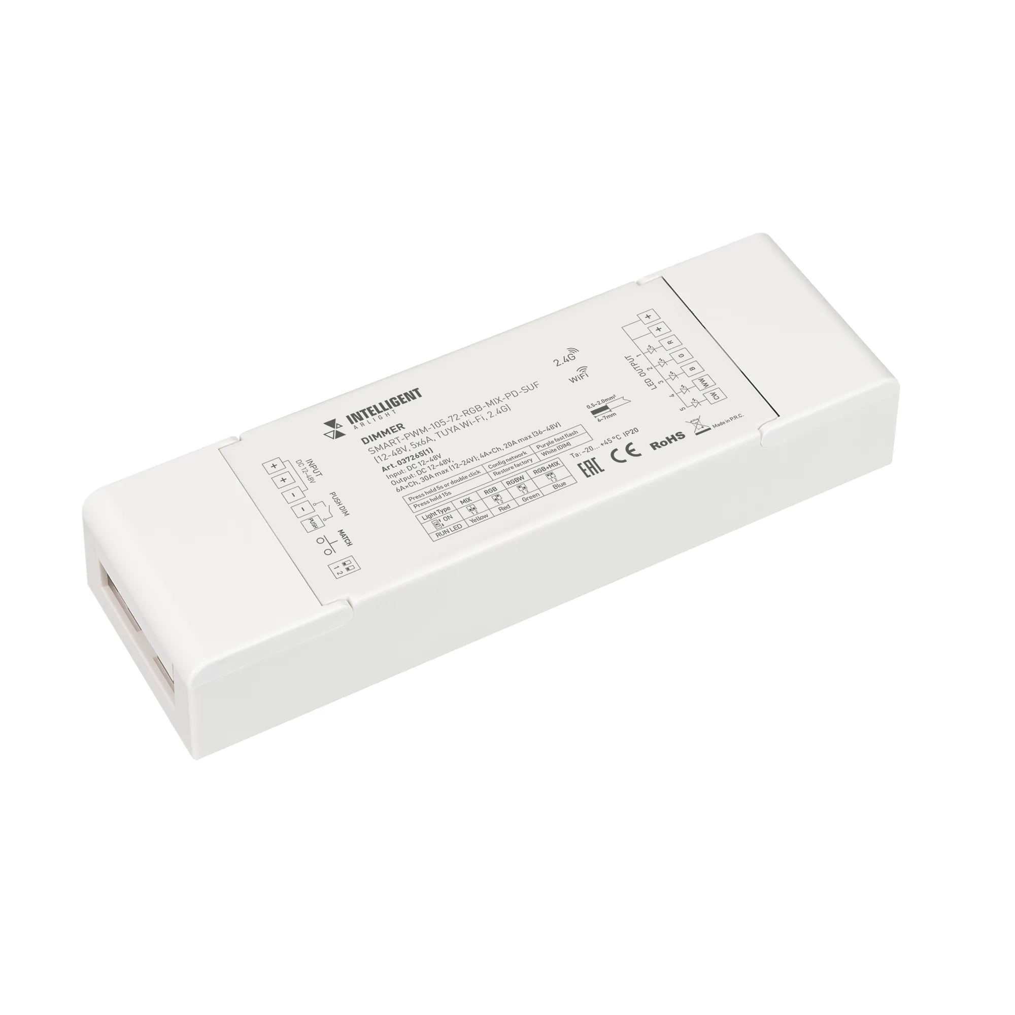 INTELLIGENT ARLIGHT Диммер SMART-PWM-105-72-RGB-MIX-PD-SUF (12-48V, 5x6A, TUYA Wi-Fi, 2.4G) (IARL, IP20 Пластик, 5 лет) - изображение товара